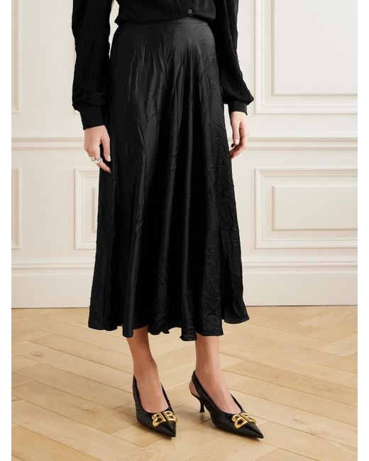 Balenciaga Black Pleated Crinkled-Satin Midi Skirt