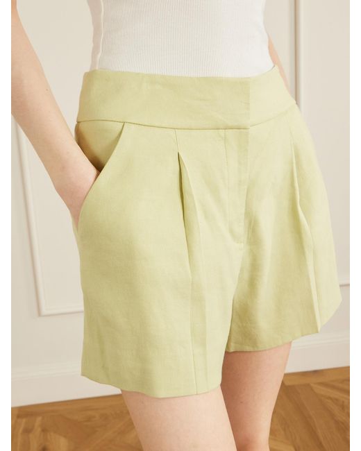 Veronica Beard Yellow Haina Pleated Linen-Blend Twill Shorts