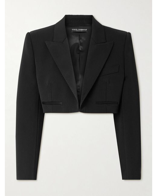 Dolce & Gabbana Black Cropped Satin-Trimmed Wool-Blend Gabardine Blazer
