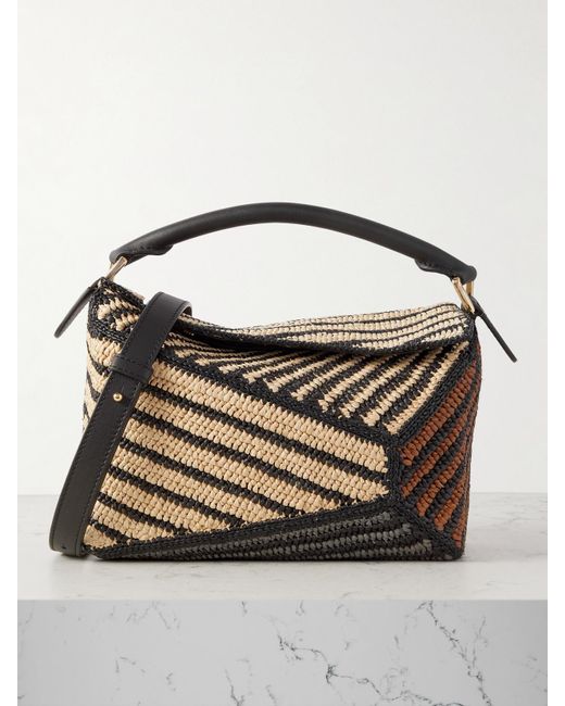 Loewe Multicolor Paula's Ibiza Puzzle Edge Kleine Schultertasche Aus Raffiabast Mit Gestreiften Partien Und Lederbesätzen