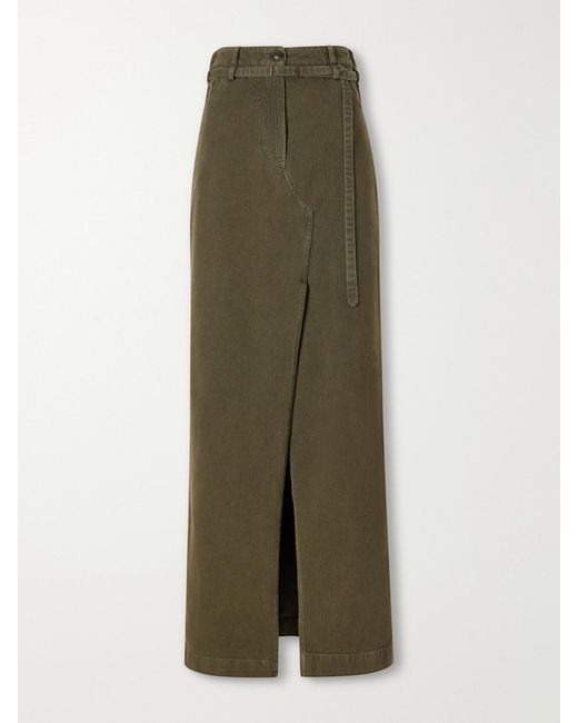 Dries Van Noten Green Belted Cotton-Twill Midi Skirt