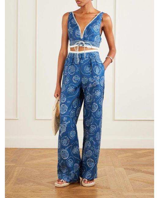 ALÉMAIS Blue Lucky Pleated Printed Linen Wide-Leg Pants