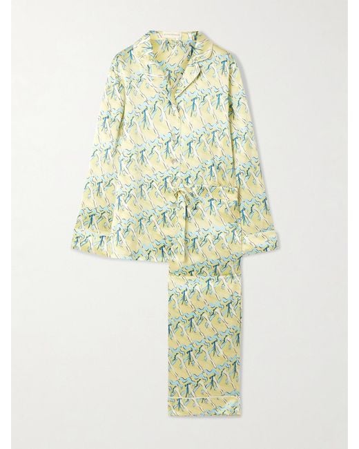 Olivia Von Halle White Lila Printed Silk-Satin Pajama Set