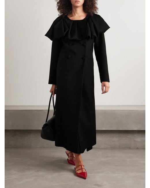 LIBEROWE Black Bombardo Double-Breasted Pleated Ruffled Wool-Twill Coat