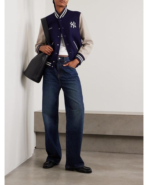 Sporty & Rich Blue New York Yankees Champions Embroidered Wool-Felt Bomber Jacket