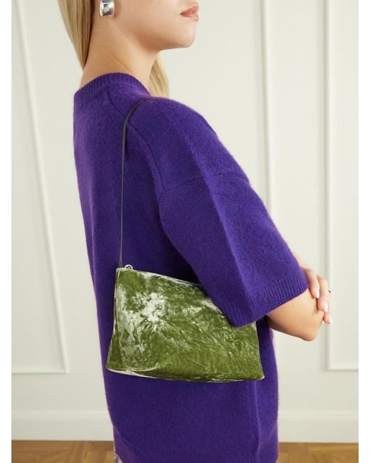 Valesque Green Corset Leather-Trimmed Crushed-Velvet Shoulder Bag