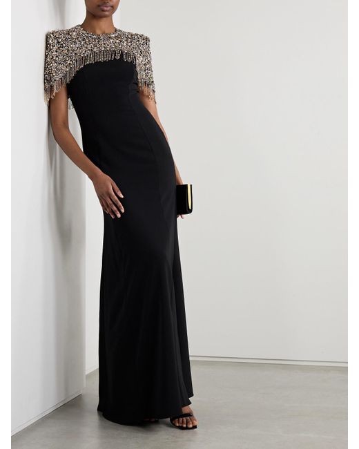 Robe Du Soir Effet Cape En Crêpe À Ornements Et À Franges Rana Jenny Packham en coloris Black