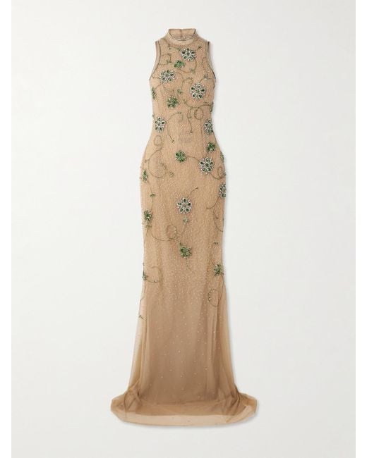 Georges Hobeika Natural Bead And Crystal-Embellished Silk-Blend Tulle Gown