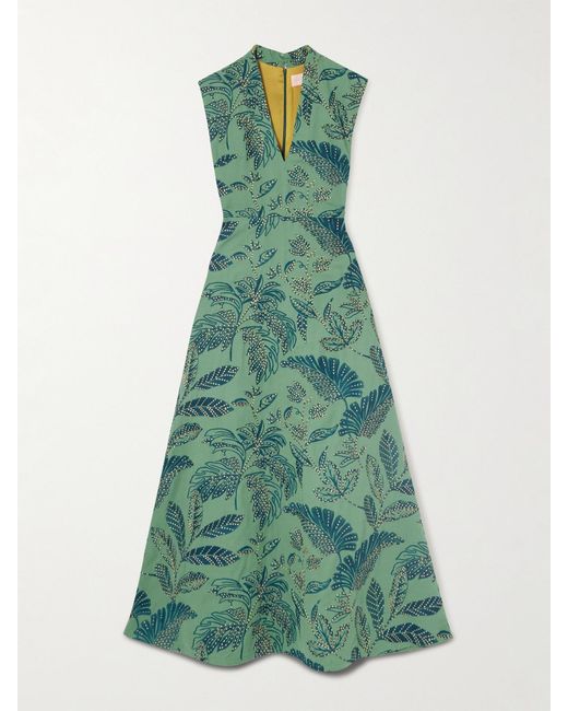 Marta Ferri Green Eugenio Embroidered Canvas Maxi Dress