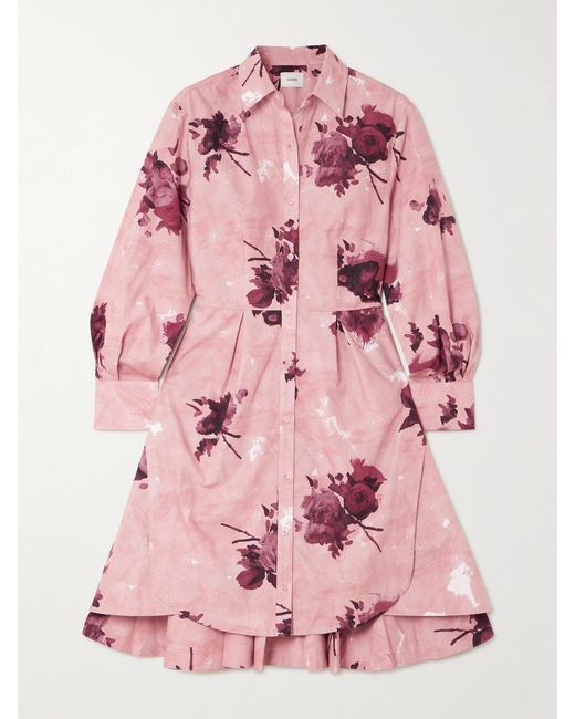 Erdem Pink Pleated Floral-Print Cotton-Poplin Mini Shirt Dress