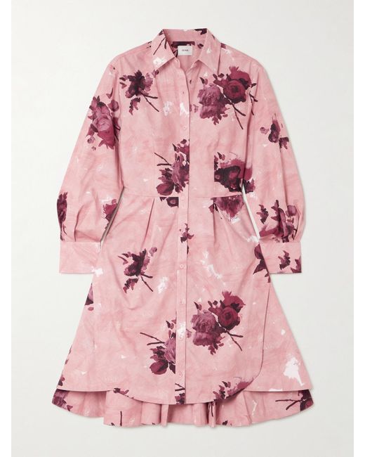 Erdem Pink Mini-Hemdblusenkleid Aus Baumwollpopeline Mit Blumenprint Und Falten