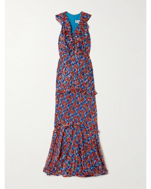 Saloni Purple Rita Ruffled Floral-Print Metallic Silk-Georgette Gown