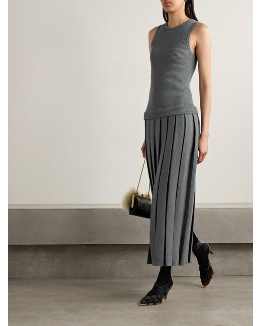 Khaite Gray Cassette Pleated Ribbed Wool-Blend Midi Dress