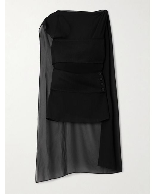 Proenza Schouler Black Aurora Cape-Effect Asymmetric Layered Twill-Trimmed Chiffon Blouse