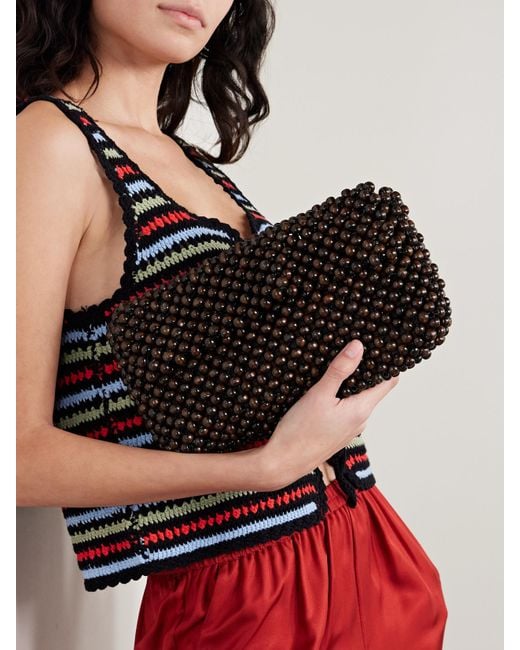 Staud Black Timmy Leather-Trimmed Beaded Mesh Shoulder Bag