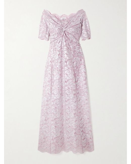 Rabanne Pink Schulterfreies Maxikleid Aus Metallic-Spitze Mit Twist-Detail