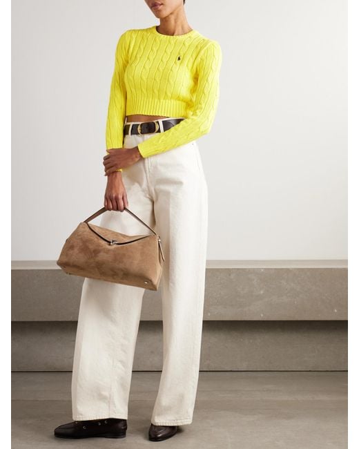 Polo Ralph Lauren Yellow Verkürzter Zopfstrickpullover Aus Baumwolle Mit Logostickerei
