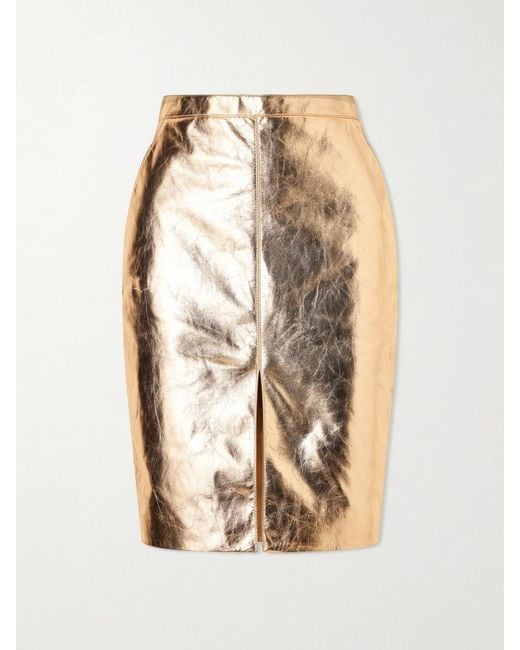 Saint Laurent Natural Metallic Leather Midi Skirt