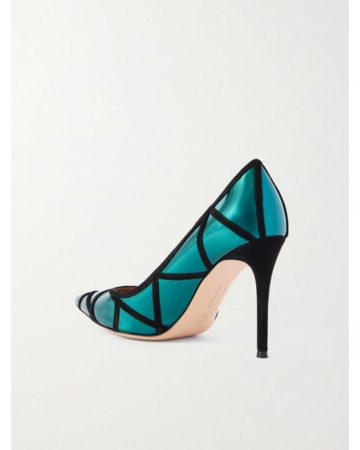 Gianvito Rossi Blue 95 Suede-Trimmed Mirrored-Leather Pumps