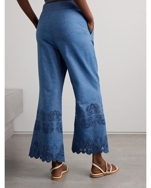 Miguelina Blue Alegra Schlaghose Aus Baumwoll-Chambray Mit Besätzen Aus Guipure-Spitze Mit Wellenkanten