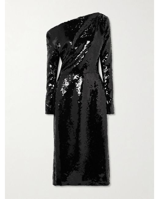 16Arlington Black Danae Draped Asymmetric Sequined Crepe Midi Dress