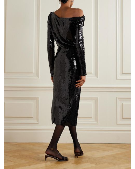 16Arlington Black Danae Draped Asymmetric Sequined Crepe Midi Dress