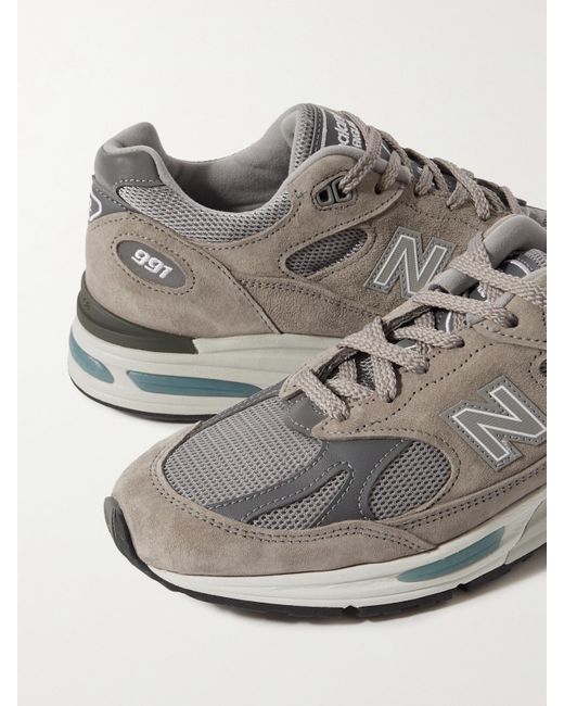 New Balance White 991V2 Mesh-Trimmed Suede Sneakers