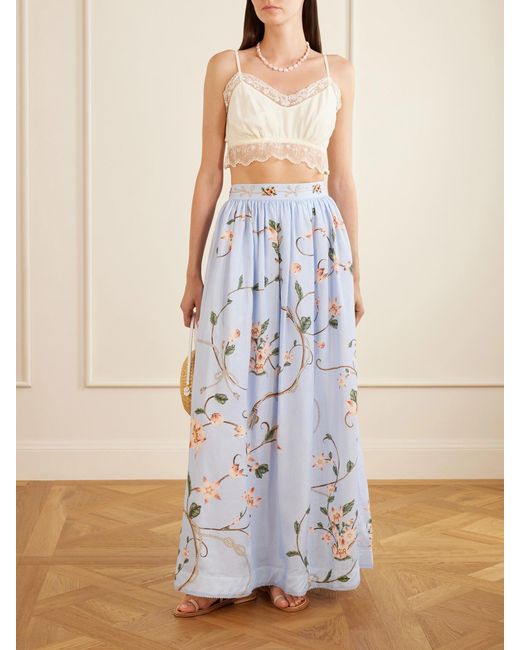 Agua Bendita Blue Tangelo Embroidered Floral-Print Linen Maxi Skirt