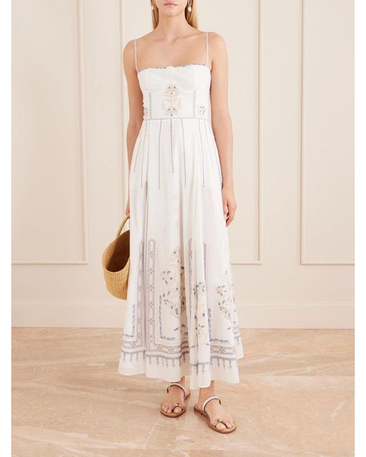 Emporio Sirenuse White Valya Embroidered Pleated Cotton-Poplin Midi Dress