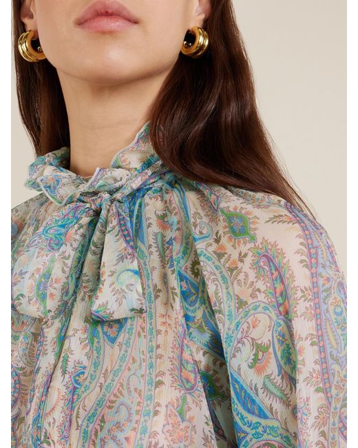Etro Blue Pussy-Bow Ruffled Paisley-Print Silk-Crepon Blouse