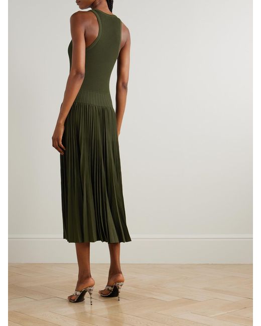 Alaïa Green Pleated Pointelle-Trimmed Ribbed-Knit Midi Dress