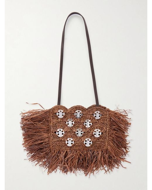 Rabanne Brown Embellished Raffia Shoulder Bag