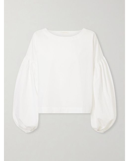 Suzie Kondi White Balon Cropped Gathered Cotton-Poplin Blouse