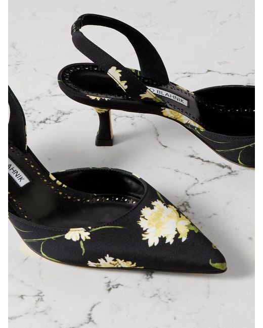 Manolo Blahnik Black Carolyne 50 Floral-Print Satin Slingback Pumps