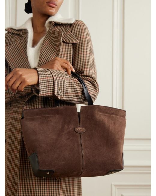 Tod's Brown Shopping Medium Leather-Trimmed Suede Tote