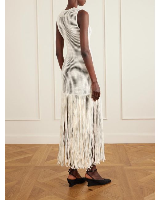 Alaïa White Fringed Open-Knit Midi Dress