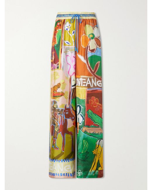 ALÉMAIS White Mlak Printed Silk-Twill Wide-Leg Pants