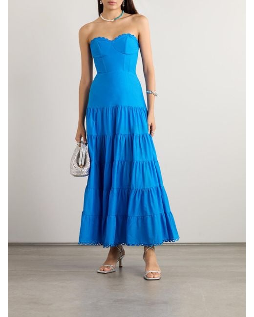 Charo Ruiz Blue Danny Strapless Broderie Anglaise-Trimmed Tiered Cotton-Blend Voile Maxi Dress