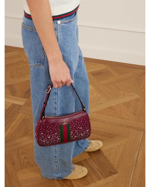 Gucci Red Ophidia Schultertasche Aus Canvas Mit Jacquard-Muster Mit Lederbesätzen Und Kristallen