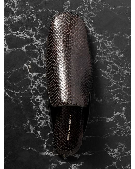 Dries Van Noten Black Snake-Effect Leather Mules