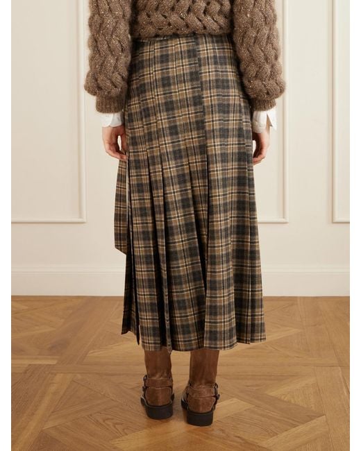 Brunello Cucinelli Natural Checked Wool-Blend Wrap Midi Skirt