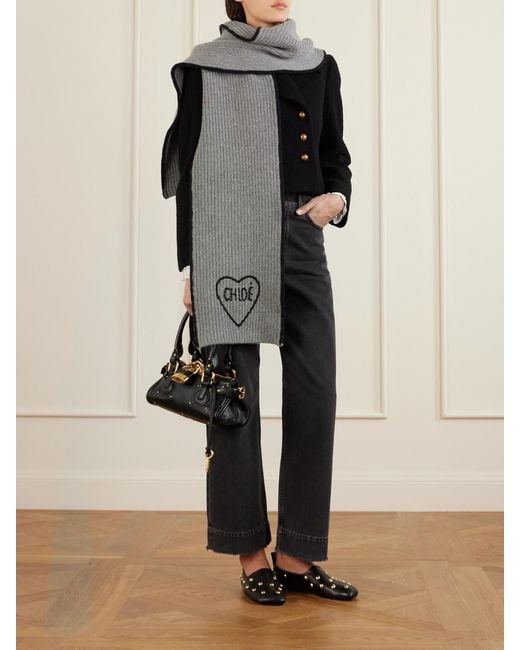 Chloé Gray Embroidered Ribbed Wool And Cashmere-Blend Scarf
