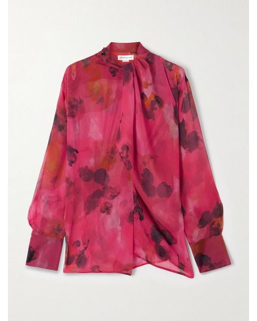 Victoria Beckham Red Draped Floral-Print Silk-Chiffon Wrap Blouse