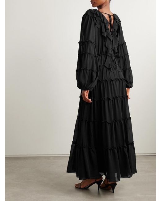 Robe Longue En Crêpe De Chine À Volants Protea Aje. en coloris Black