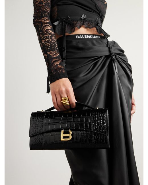 Balenciaga Black Hourglass Croc-Effect Patent-Leather Shoulder Bag