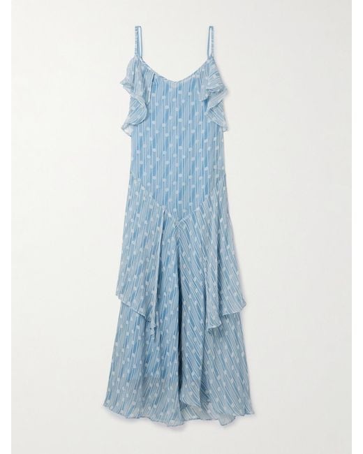 Bode Blue Meridian Ruffled Printed Silk-Crepon Maxi Dress
