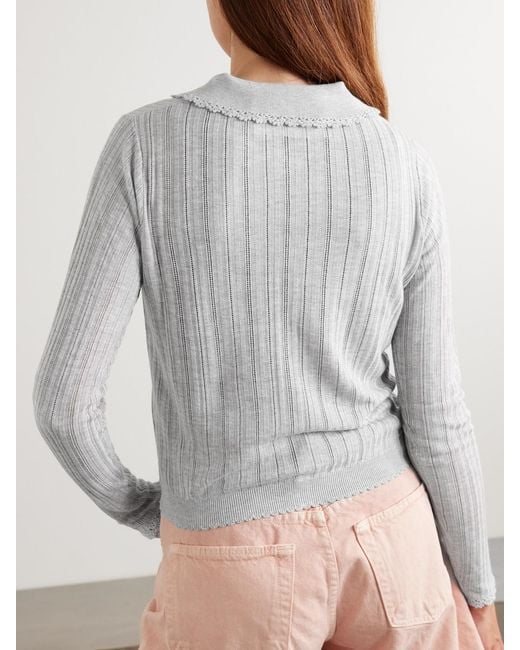Ulla Johnson Gray Lottie Crochet-Trimmed Pointelle-Knit Cardigan