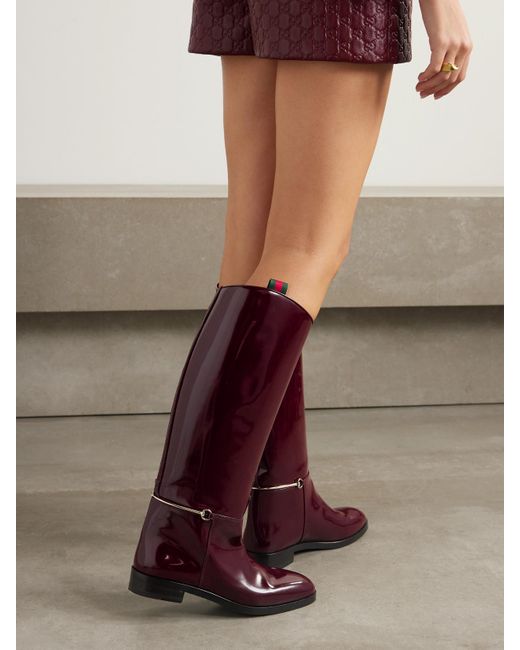 Gucci Red Webbing-Trimmed Horsebit-Embellished Patent-Leather Knee Boots