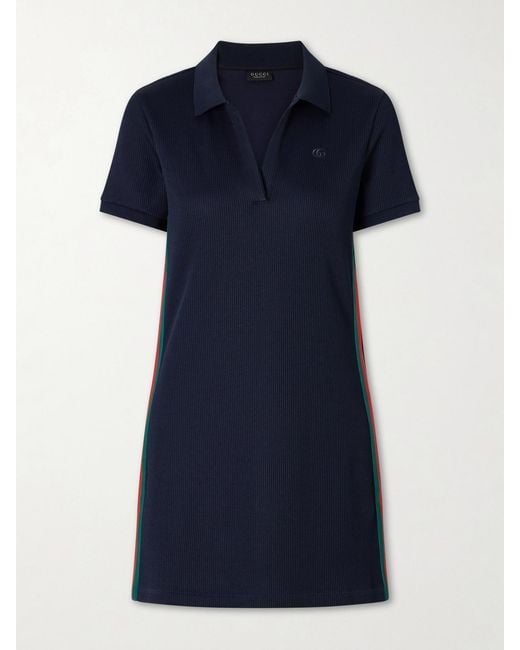 Gucci Blue Double G-Embossed Webbing-Trimmed Ribbed Jersey Mini Dress
