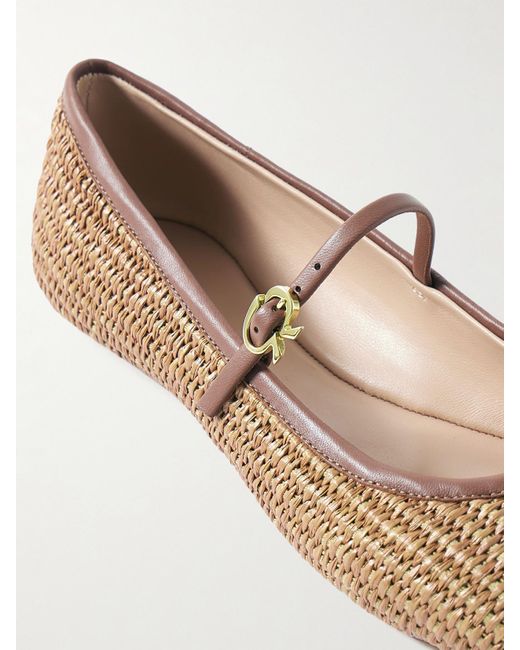 Gianvito Rossi White Carla Leather-Trimmed Raffia Mary Jane Ballet Flats